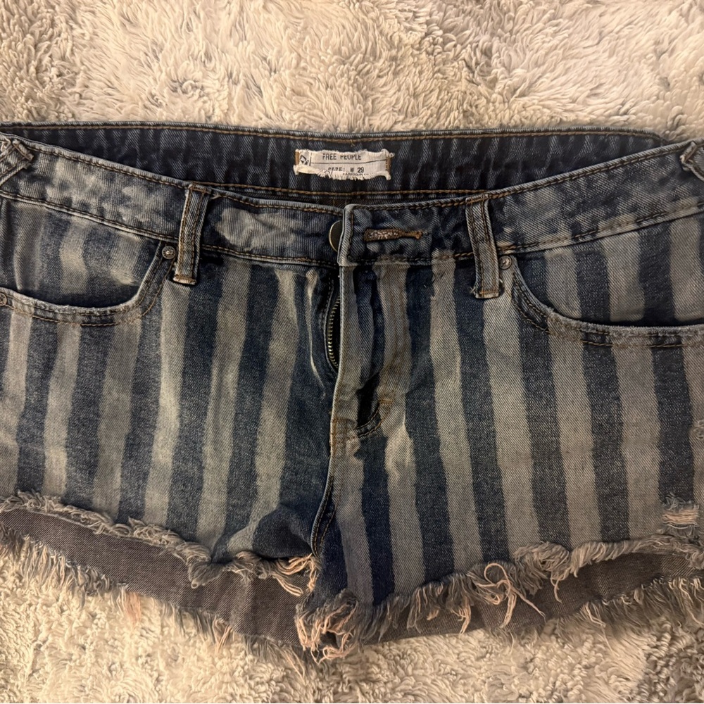 Free People Blue Striped Denim Shorts